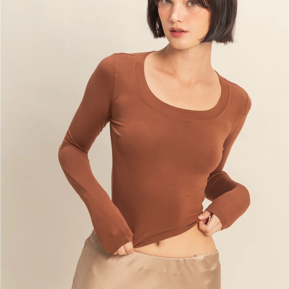 NEW Double Zero Cropped Scoop Neck Long Sleeve Top Basic Tee Chestnut S and L